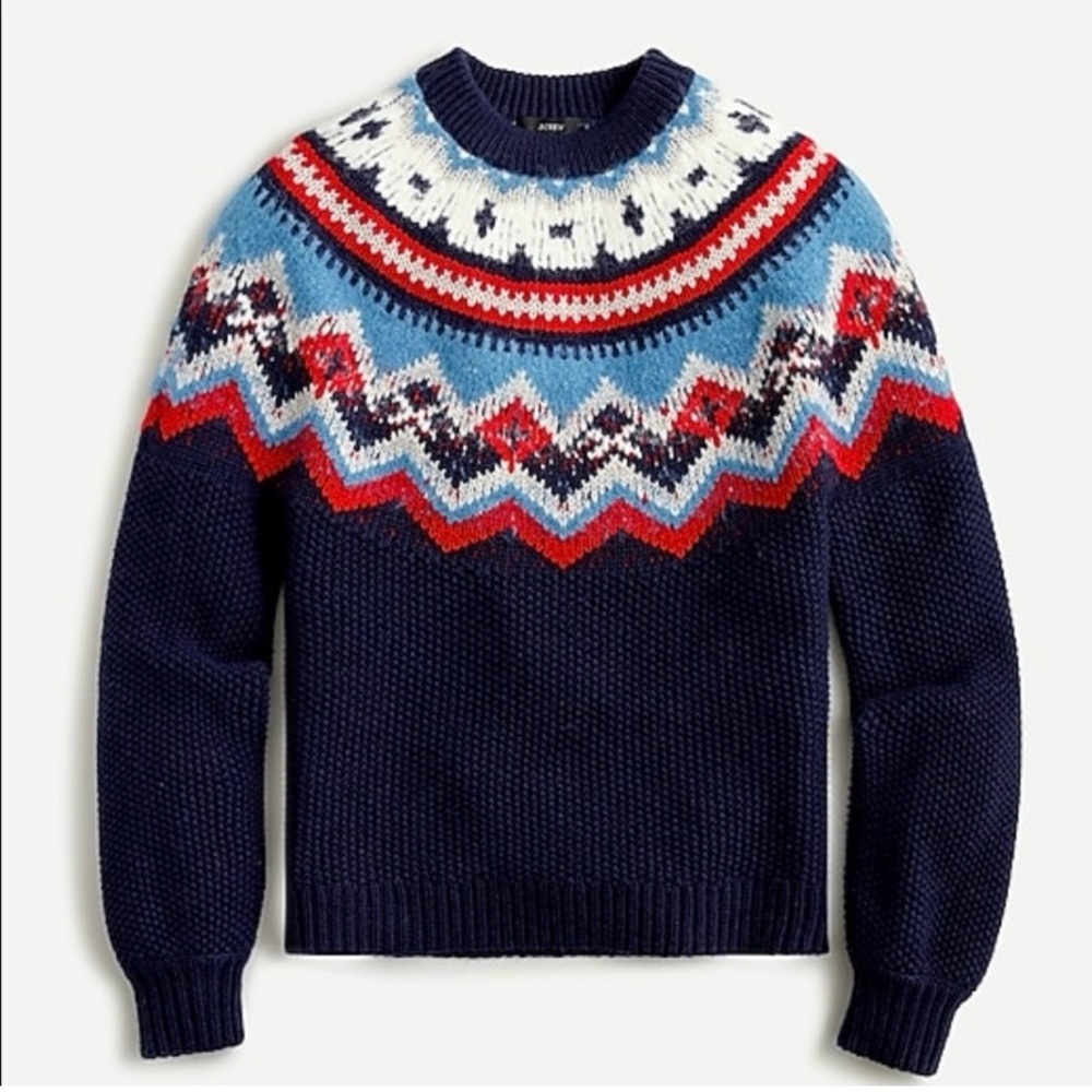 J Crew Fair Isle Sweater Navy Blue Cherry Red Zigzag Lambs Wool